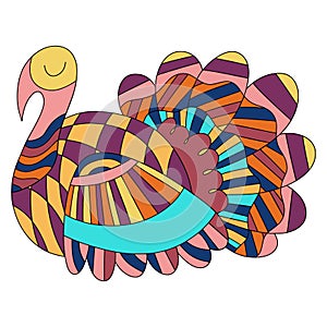 Happy Thanksgiving day motley turkey bird with closed eyes stock vector illustration